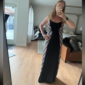 Long black Maxi Dress With Black And White Stripes and Red Details